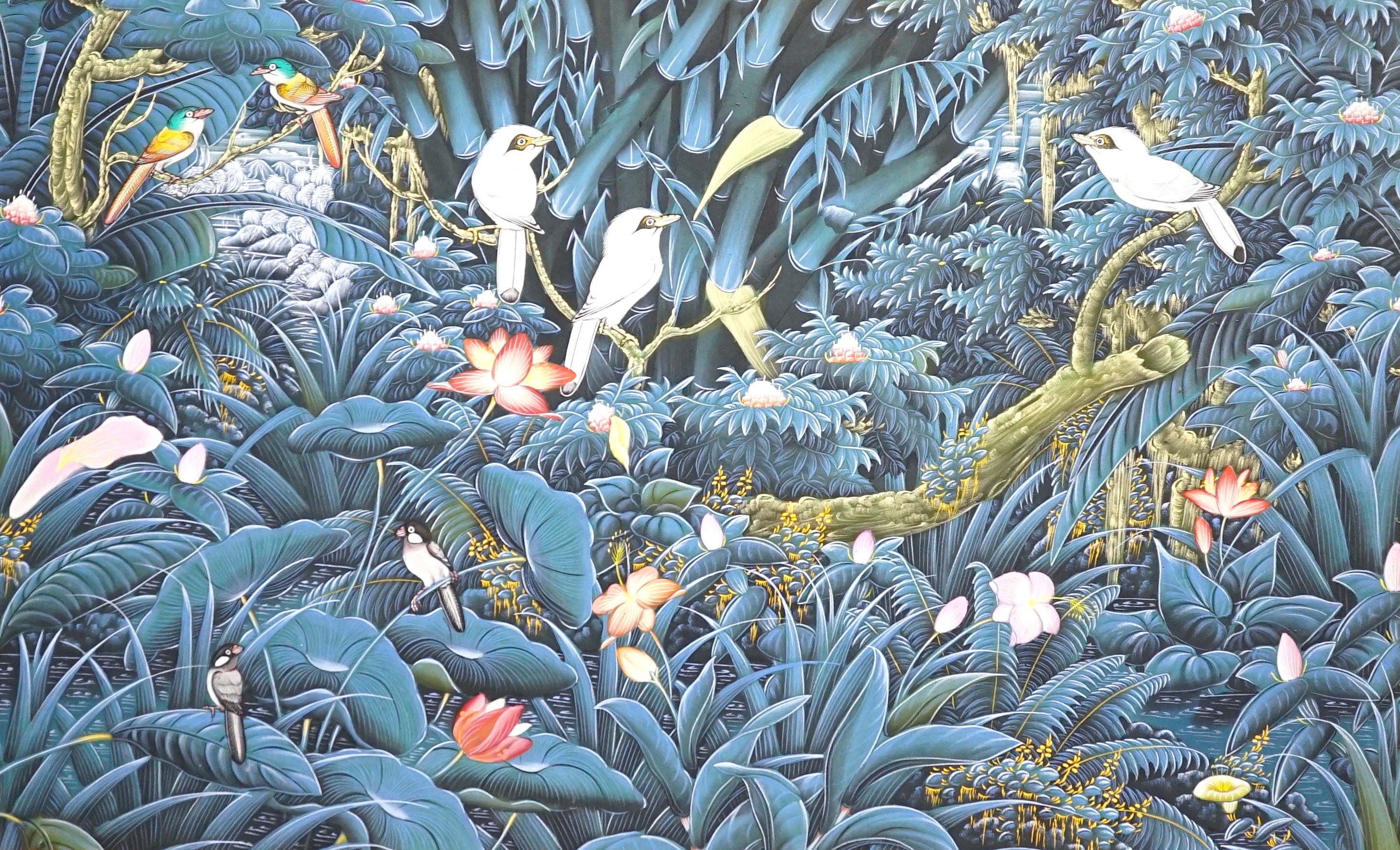 A modern Batik painting of birds amongst trees and flowers, 82 x 131cm